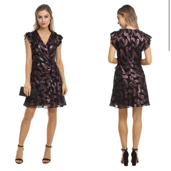 Rebecca TAYLOR SILK FAUX WRAP SLEEVELESS METALLIC LUREX JACQUARD MINI nwot - Picture 2 of 8